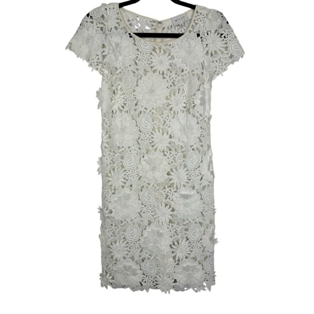 Milly 3D White Floral Embroidered Short‎ Sleeve Cocktail Mini Dress